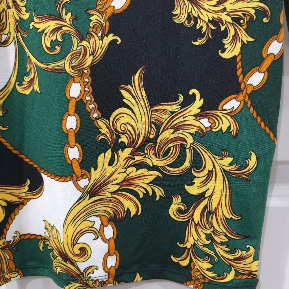 ✨️4/$20 IRIS Long Sleeve Square Neck Bodycon Mini Dress in Green, Gold Filagree - Picture 12 of 15